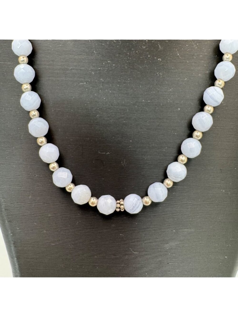 Vintage Milor Italy Faceted Blue Lace Agate Sterling Silver Beaded Necklace 18"